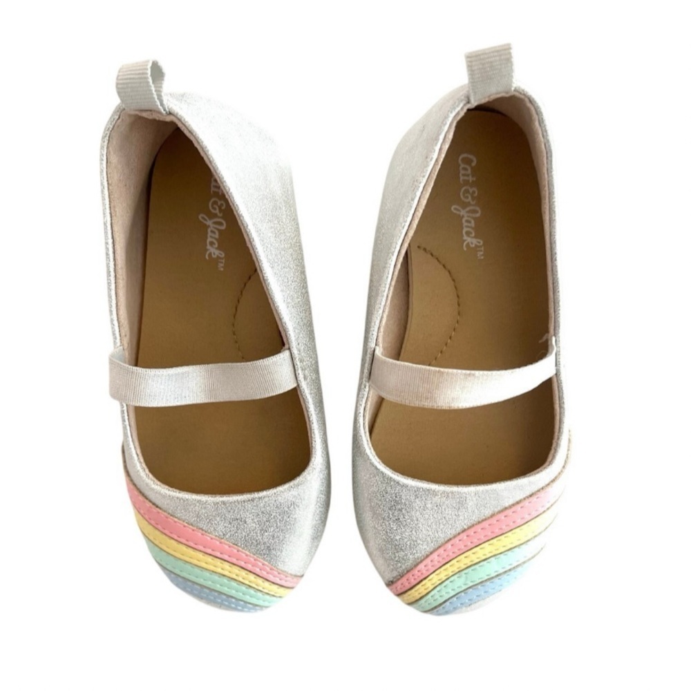 Cat & Jack Silver Ballet Flat Shoes with Rainbow Accents Kids size 6 - Like New